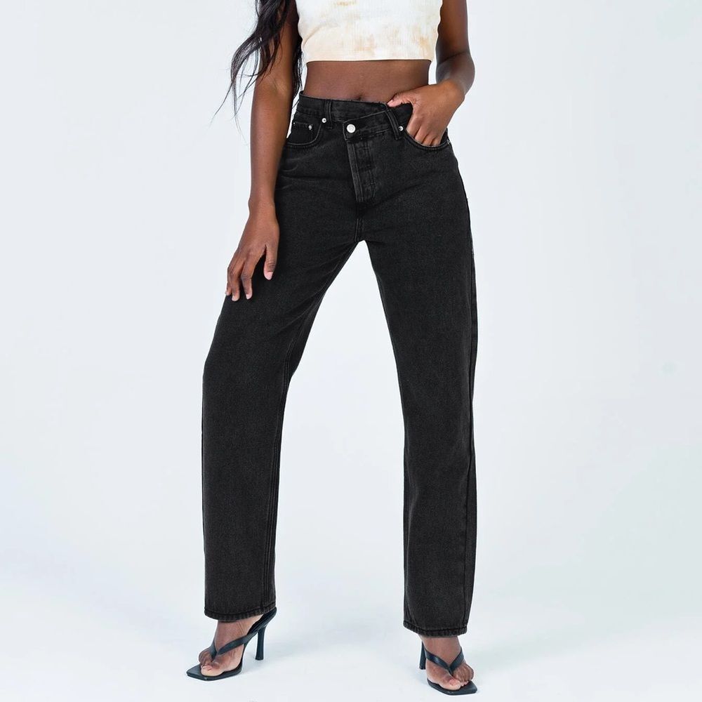 Princess Polly Holly Asymmetric Straight Leg Black Denim Jeans Size US 0